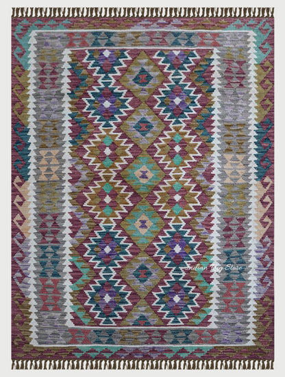 Dining Room Decor Hand Woven Multicolor Wool Kilims