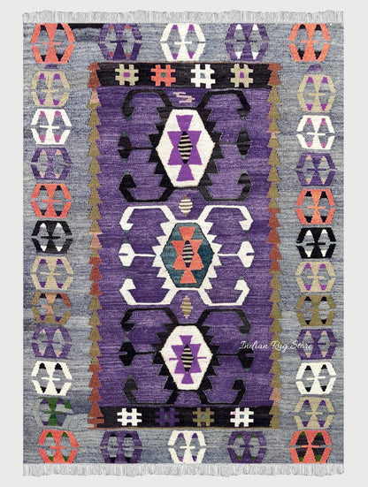 Purple and Gray Hand Woven Wool Area Rug for Living Room