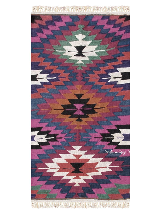 Pink and White Hand Woven Wool Kilim Rug