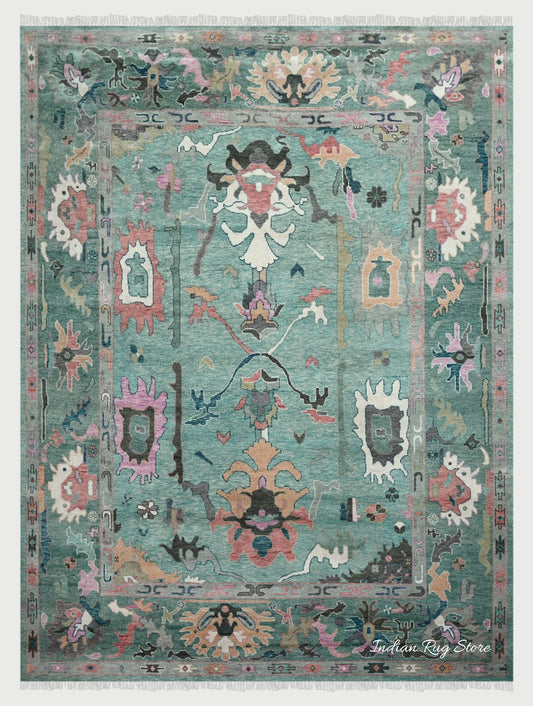 Hand Knotted Modern Green Oushak Wool Rug For Living Room