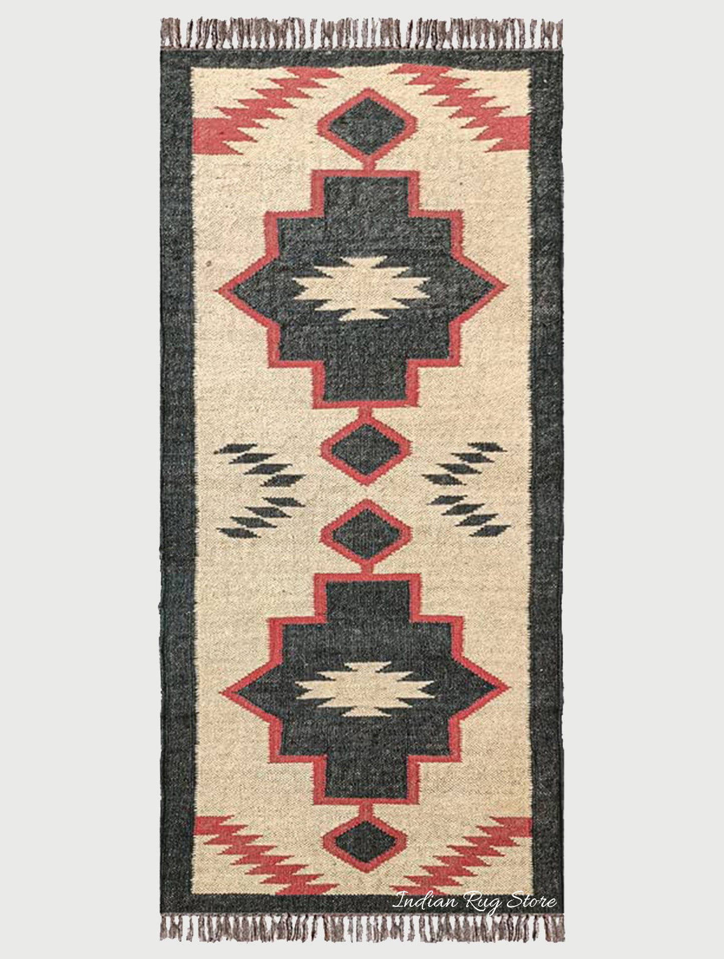 Indian Hand Woven Brown Black Geometric Hallway Decor Wool Jute Rug