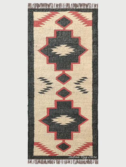 Indian Hand Woven Brown Black Geometric Hallway Decor Wool Jute Rug