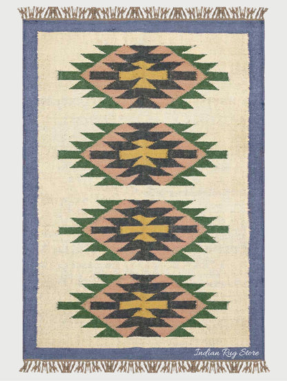 Geometric Indian Hand Woven Blue Beige Wool Jute Rug