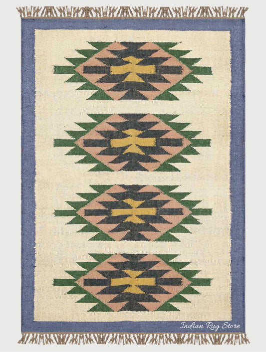 Geometric Indian Hand Woven Blue Beige Wool Jute Rug