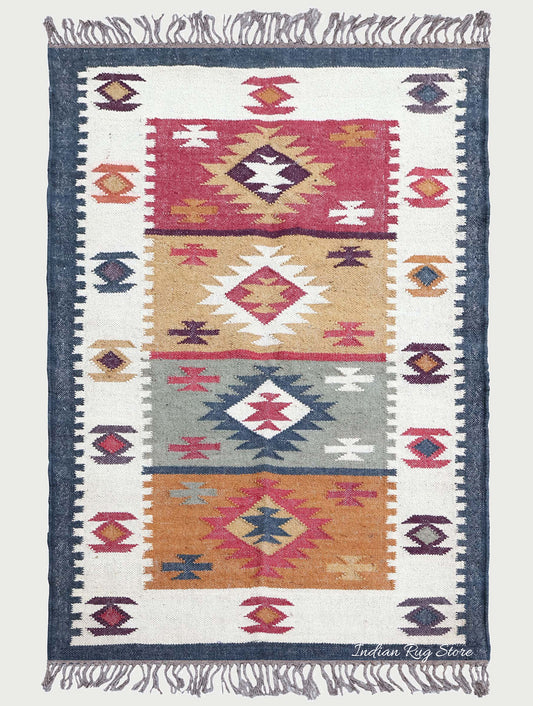 Beautiful Hand Woven Indian Geometric Traditional Multicolor Wool Jute Rug