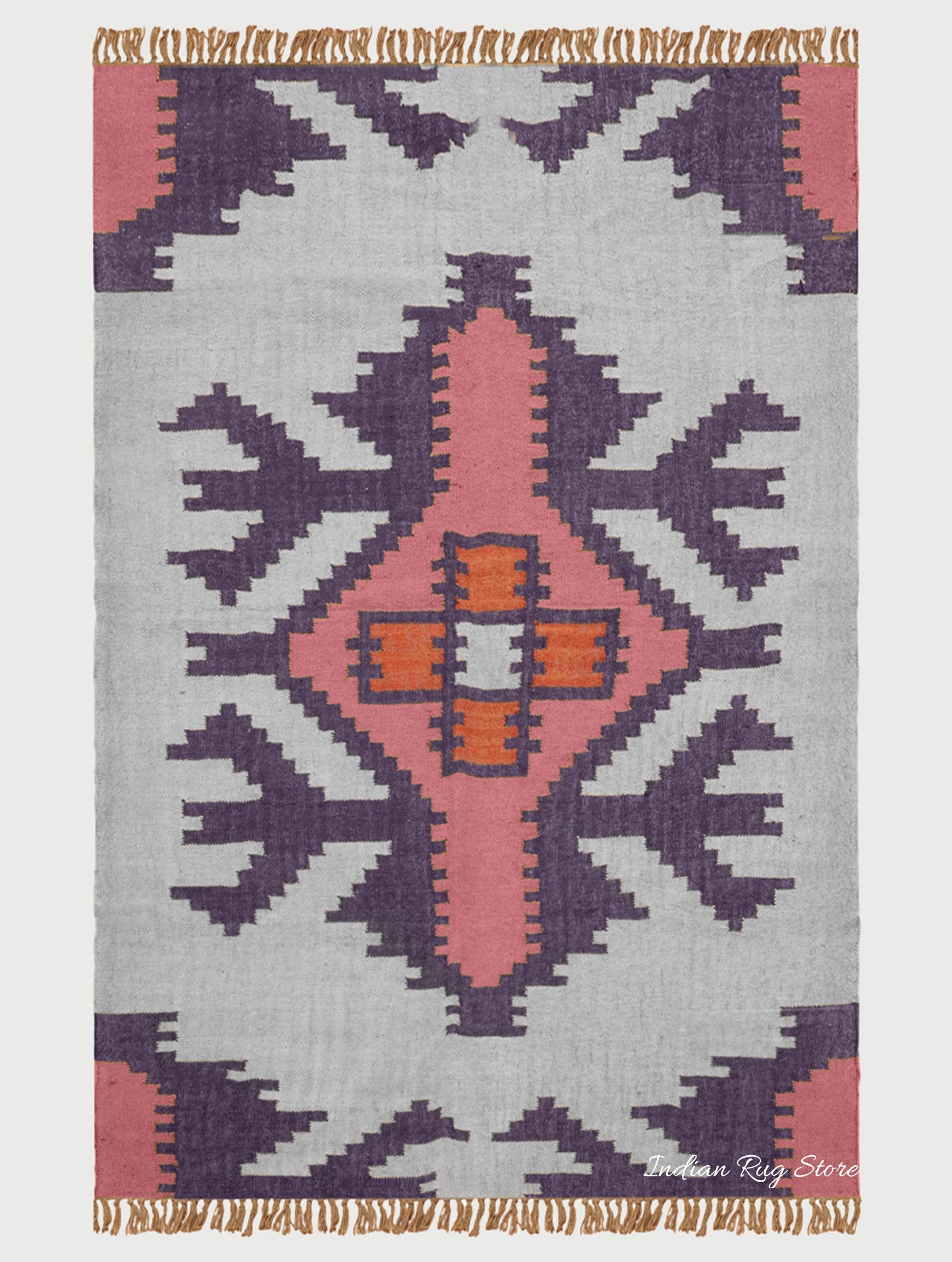 Rectangle Hand Woven Solid Pink Indigo Geometric Out House Wool Jute Rug