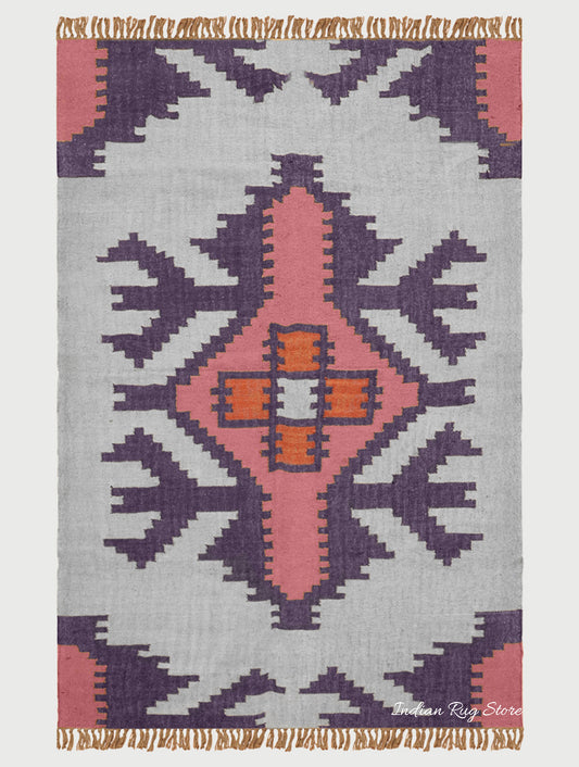 Rectangle Hand Woven Solid Pink Indigo Geometric Out House Wool Jute Rug