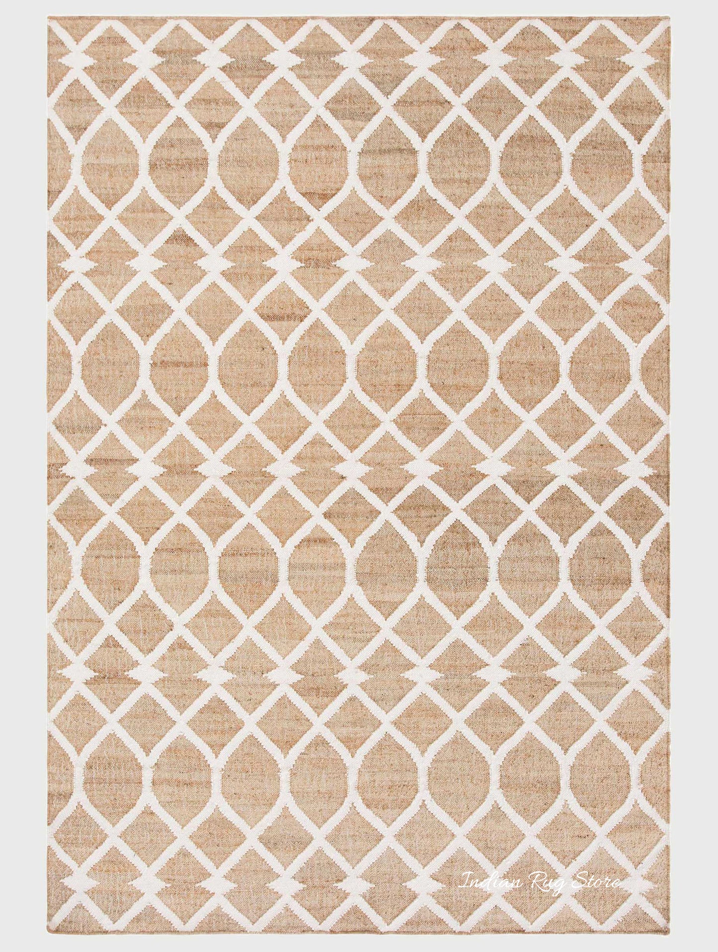 Beige White Indian Hand Woven Geometric Dining Hall Wool Jute Rug