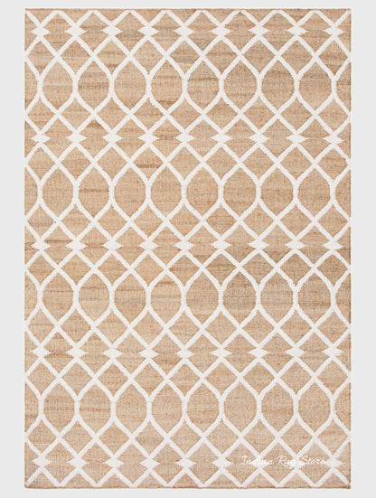 Beige White Indian Hand Woven Geometric Dining Hall Wool Jute Rug