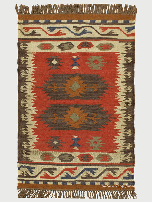 Indian Hand Woven Geometric Multicolor Brown Trendy Wool Jute Rug