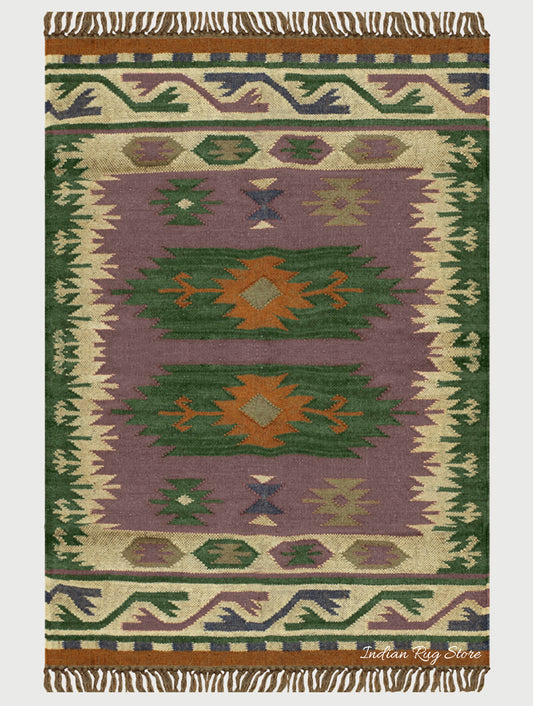 Green Multicolor Hand Woven Geometric Farm House Decor Wool Jute Rug