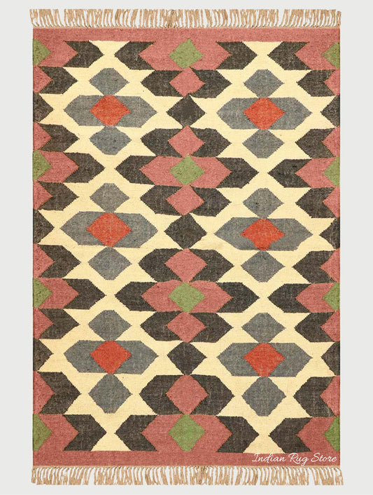 Rectangle Rust Multicolor Hand Woven Geometric Interior Wool Jute Rug