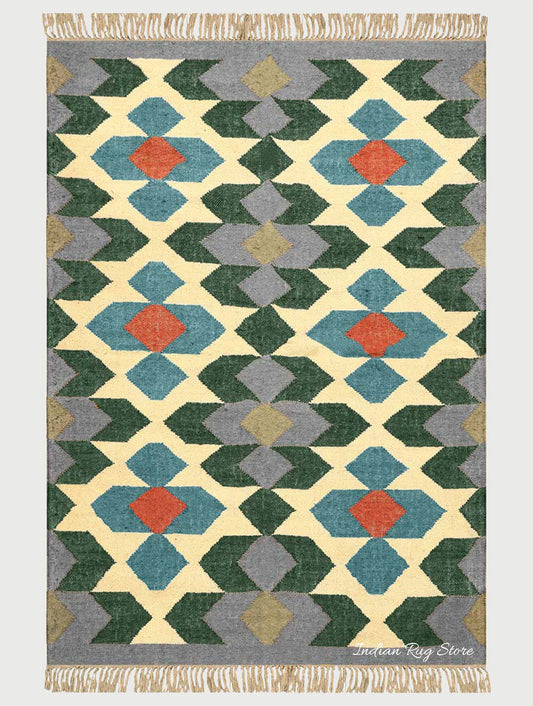 Multicolor Gray Hand Woven Geometric Bedroom Decor Wool Jute Rug