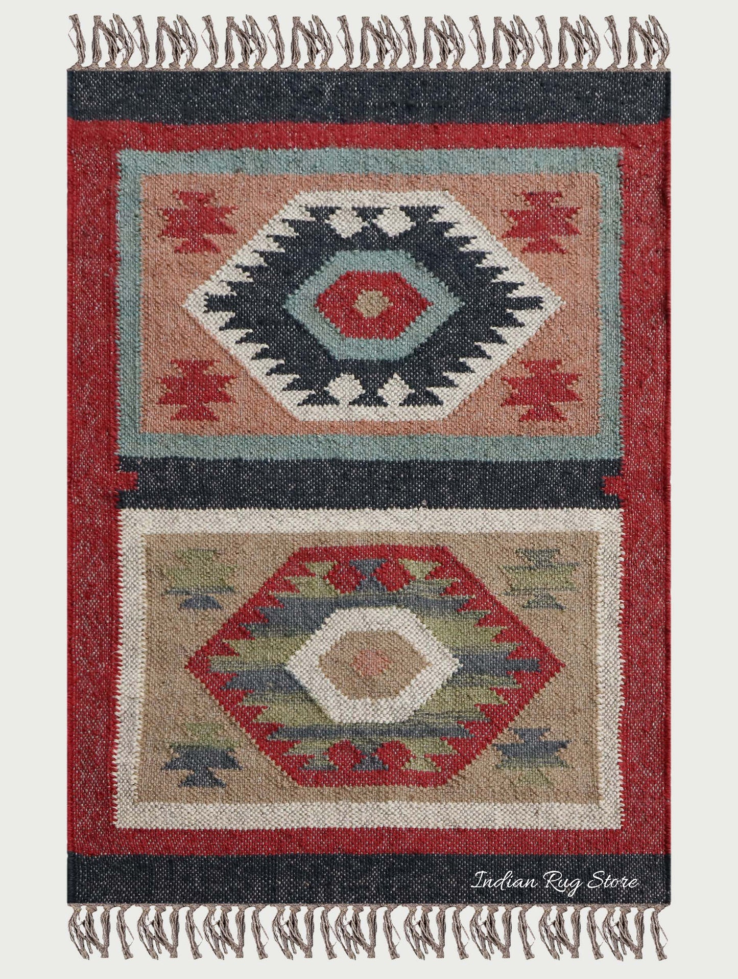 Red White Indian Hand Woven Geometric Dining Room Wool Jute Rug