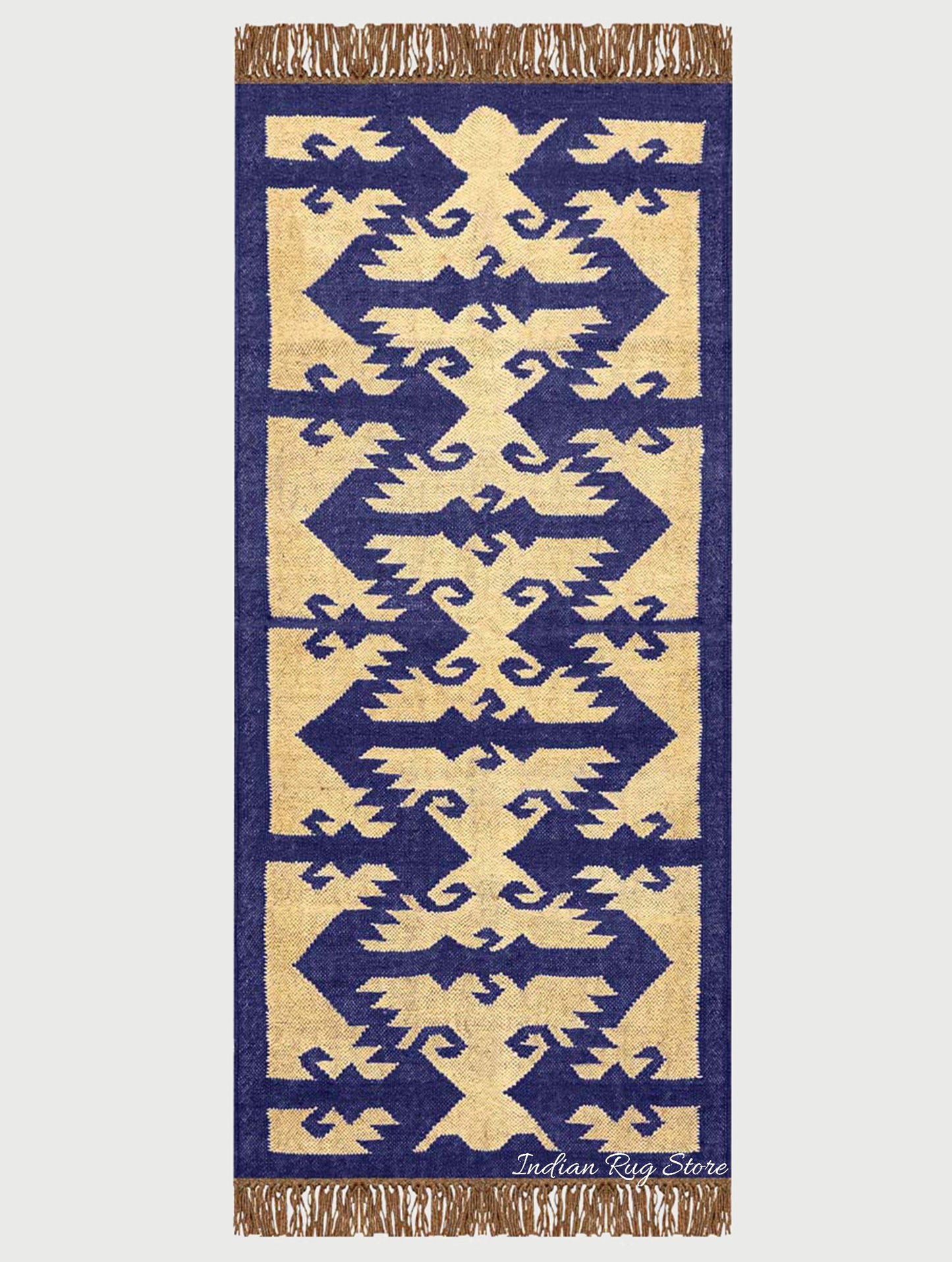 Indian Hand Woven Beige Navy Blue Dining Area Wool Jute Rug