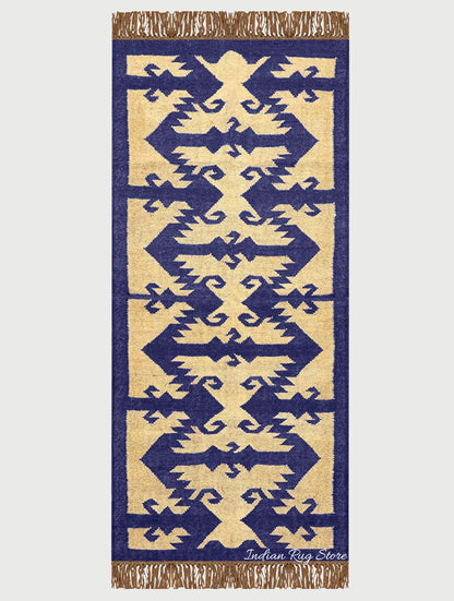 Indian Hand Woven Beige Navy Blue Dining Area Wool Jute Rug