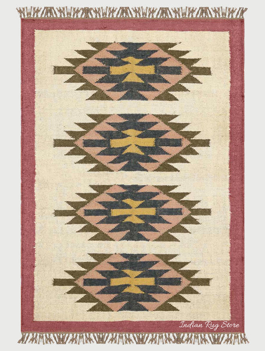 Geometric Hand Woven Maroon Multicolor Interior Wool Jute Rug