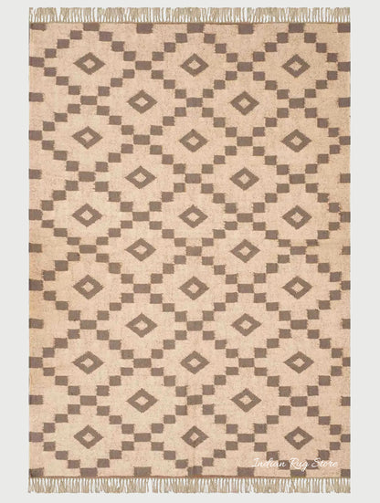 Tappeto di lana e juta alla moda beige marrone geometrico tessuto a mano indiano