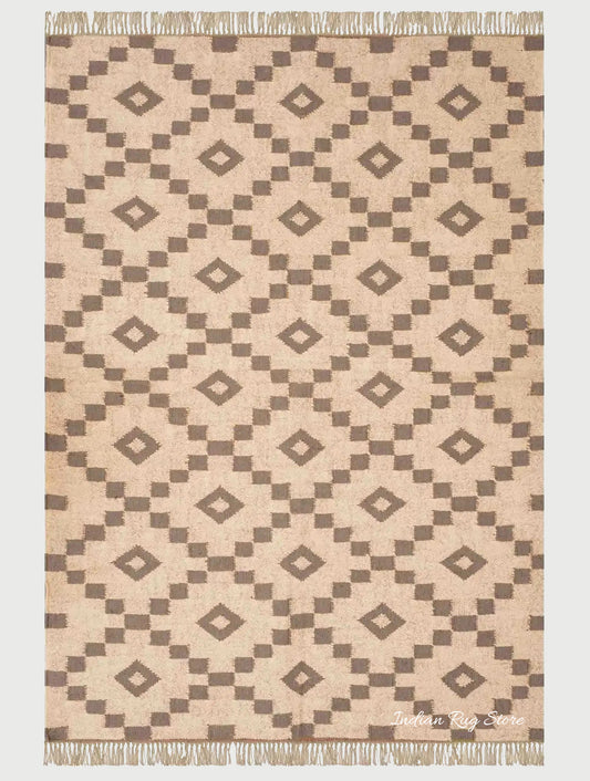 Indian Hand Woven Geometric Beige Brown Trendy Wool Jute Rug