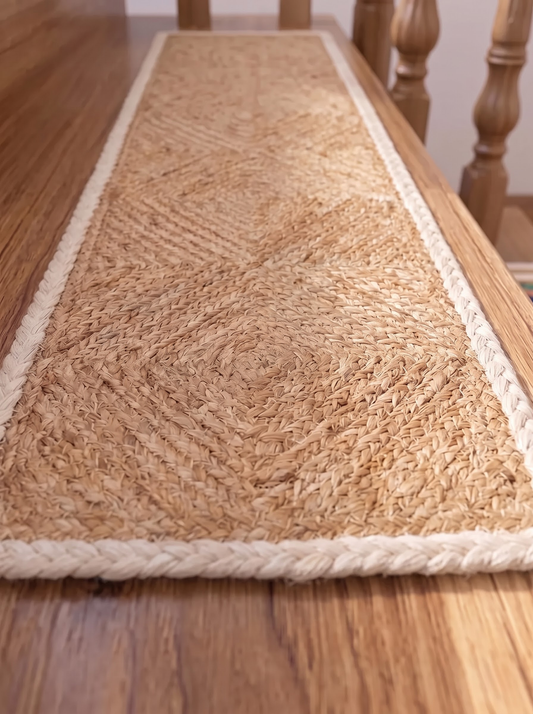 Handwoven Natural Cord Pinwheel Stair Treads, White Bound Edge, Hamptons Style Step Mats