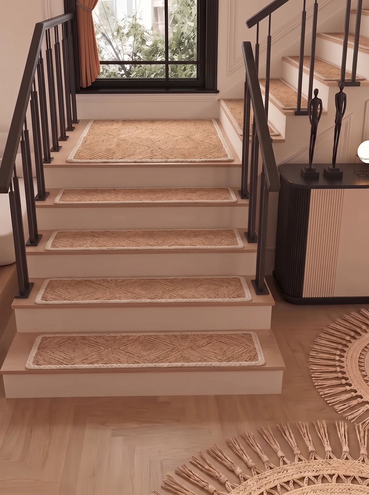 Handwoven Natural Cord Pinwheel Stair Treads, White Bound Edge, Hamptons Style Step Mats