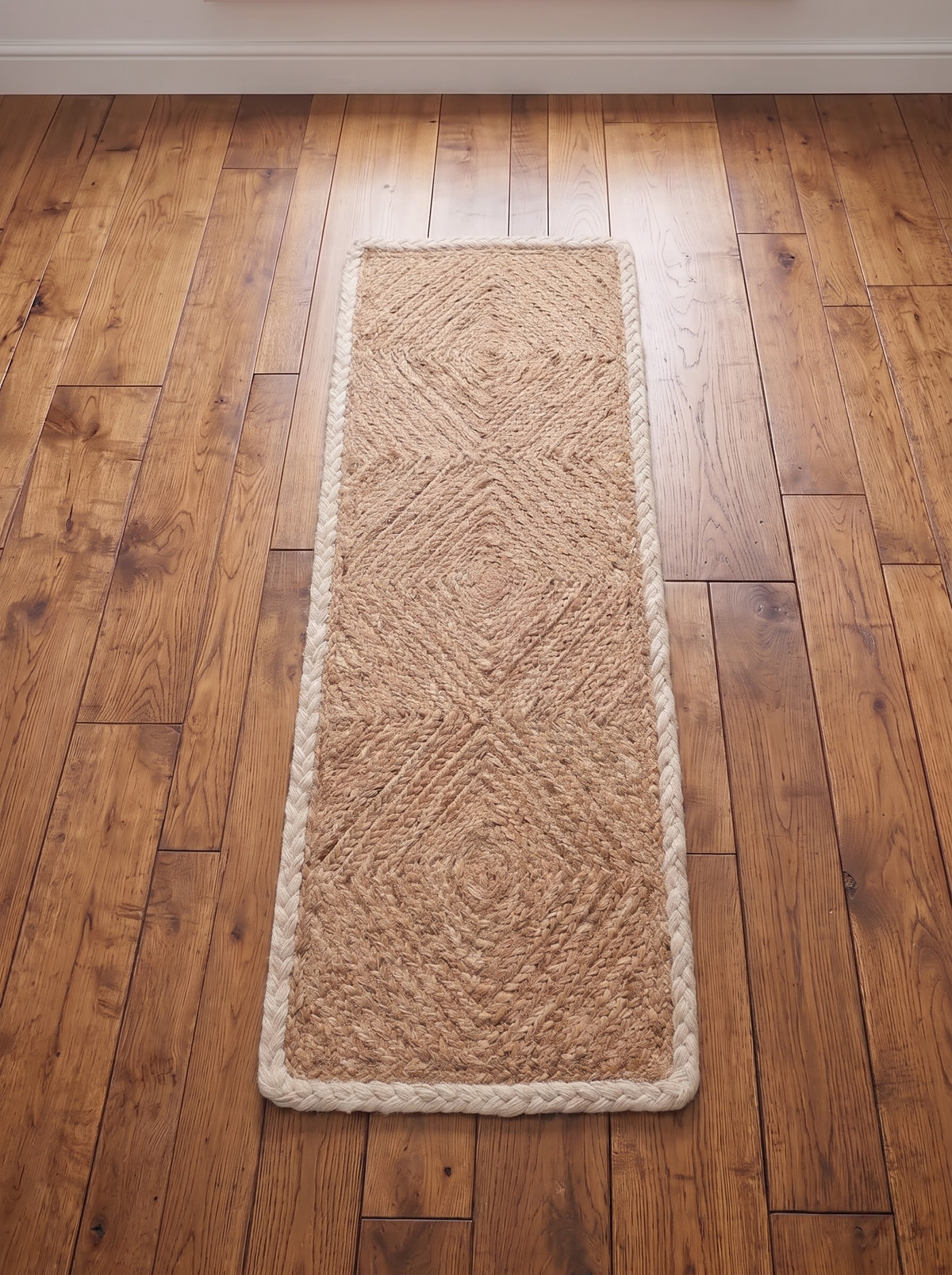 Handwoven Natural Cord Pinwheel Stair Treads, White Bound Edge, Hamptons Style Step Mats