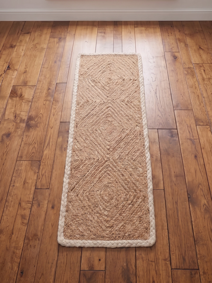 Handwoven Natural Cord Pinwheel Stair Treads, White Bound Edge, Hamptons Style Step Mats