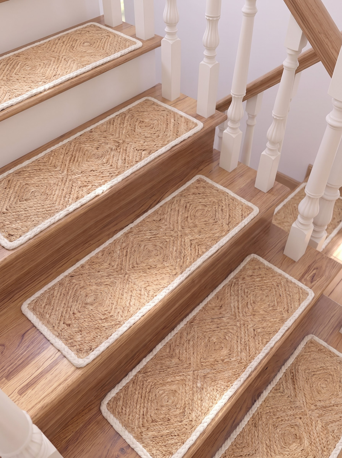Handwoven Natural Cord Pinwheel Stair Treads, White Bound Edge, Hamptons Style Step Mats