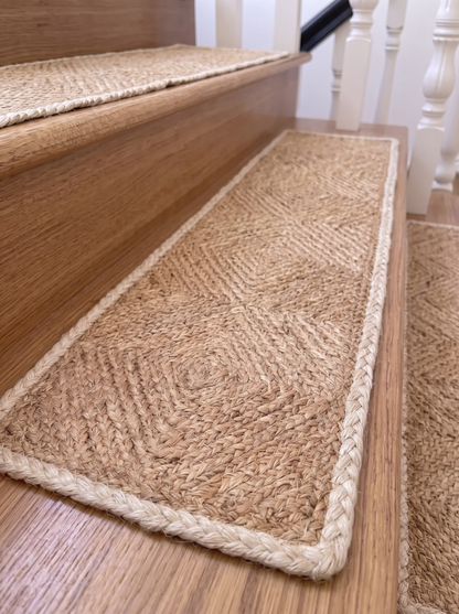 Handwoven Natural Cord Pinwheel Stair Treads, White Bound Edge, Hamptons Style Step Mats