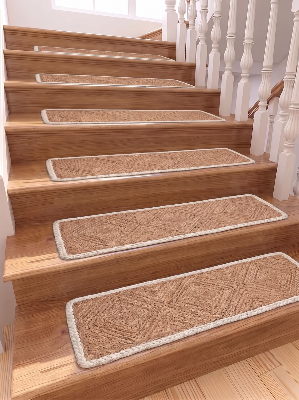 Handwoven Natural Cord Pinwheel Stair Treads, White Bound Edge, Hamptons Style Step Mats