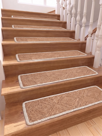 Handwoven Natural Cord Pinwheel Stair Treads, White Bound Edge, Hamptons Style Step Mats