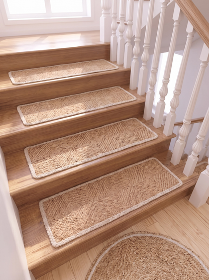Handwoven Natural Cord Pinwheel Stair Treads, White Bound Edge, Hamptons Style Step Mats