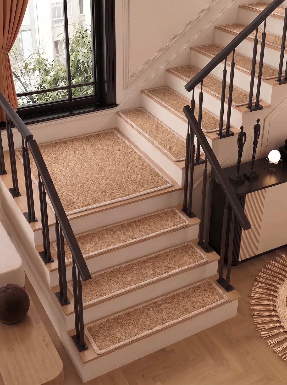 Handwoven Natural Cord Pinwheel Stair Treads, White Bound Edge, Hamptons Style Step Mats