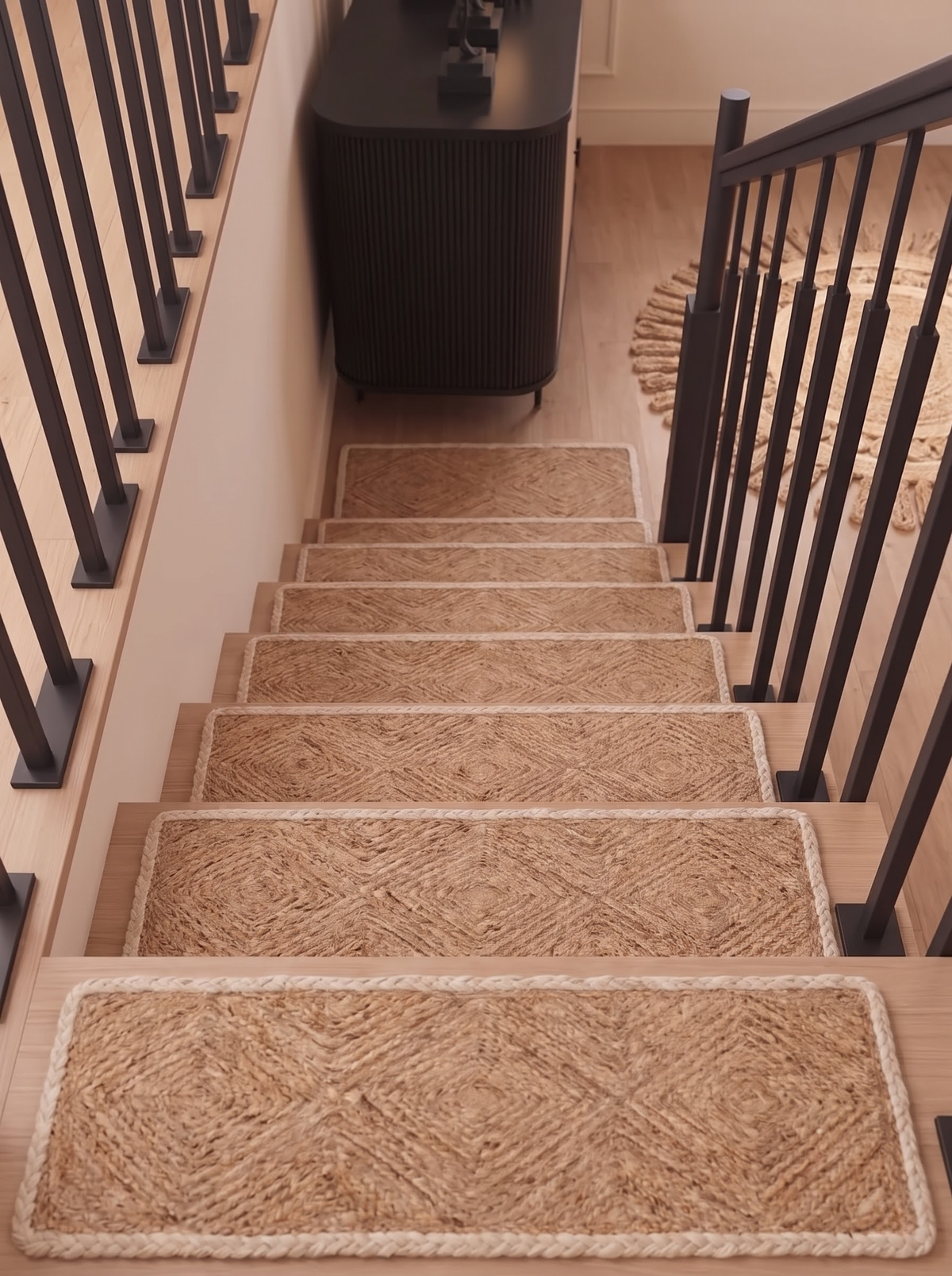 Handwoven Natural Cord Pinwheel Stair Treads, White Bound Edge, Hamptons Style Step Mats
