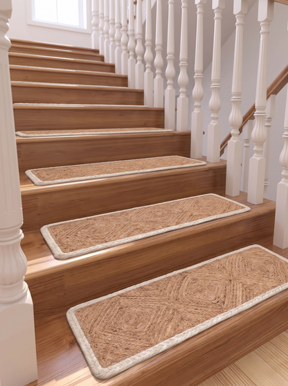 Handwoven Natural Cord Pinwheel Stair Treads, White Bound Edge, Hamptons Style Step Mats
