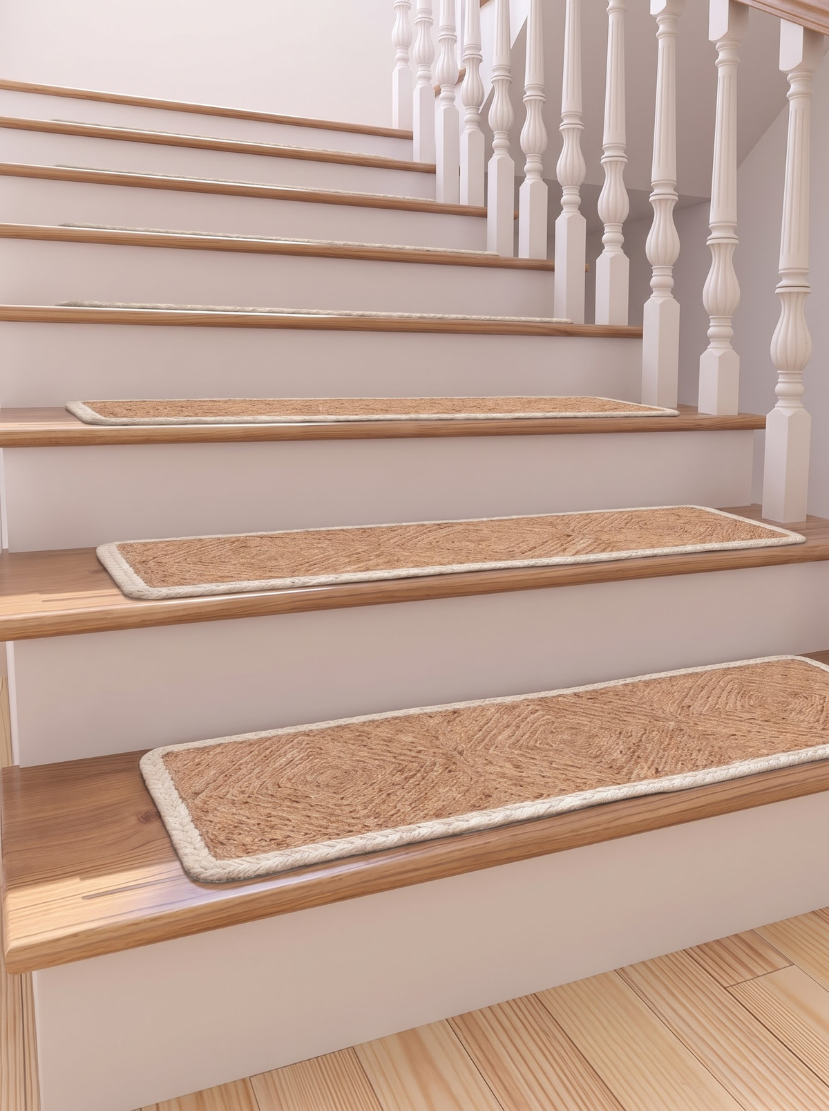 Handwoven Natural Cord Pinwheel Stair Treads, White Bound Edge, Hamptons Style Step Mats