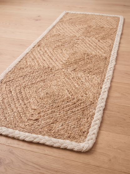 Handwoven Natural Cord Pinwheel Stair Treads, White Bound Edge, Hamptons Style Step Mats
