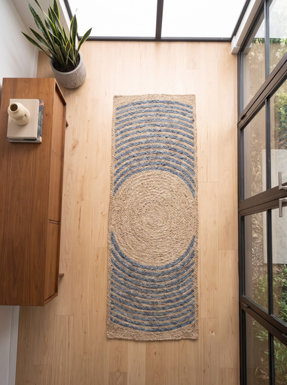 Handmade Jute & Cotton Stair Treads, Moon Halo Design, Blue Mist Japandi Step Mats