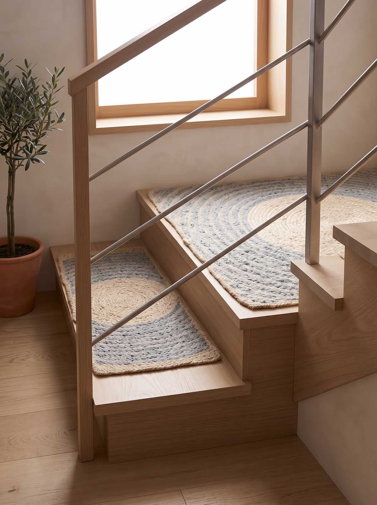 Handmade Jute & Cotton Stair Treads, Moon Halo Design, Blue Mist Japandi Step Mats