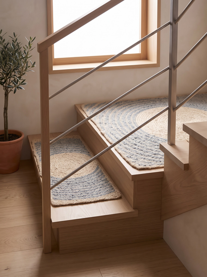 Handmade Jute & Cotton Stair Treads, Moon Halo Design, Blue Mist Japandi Step Mats
