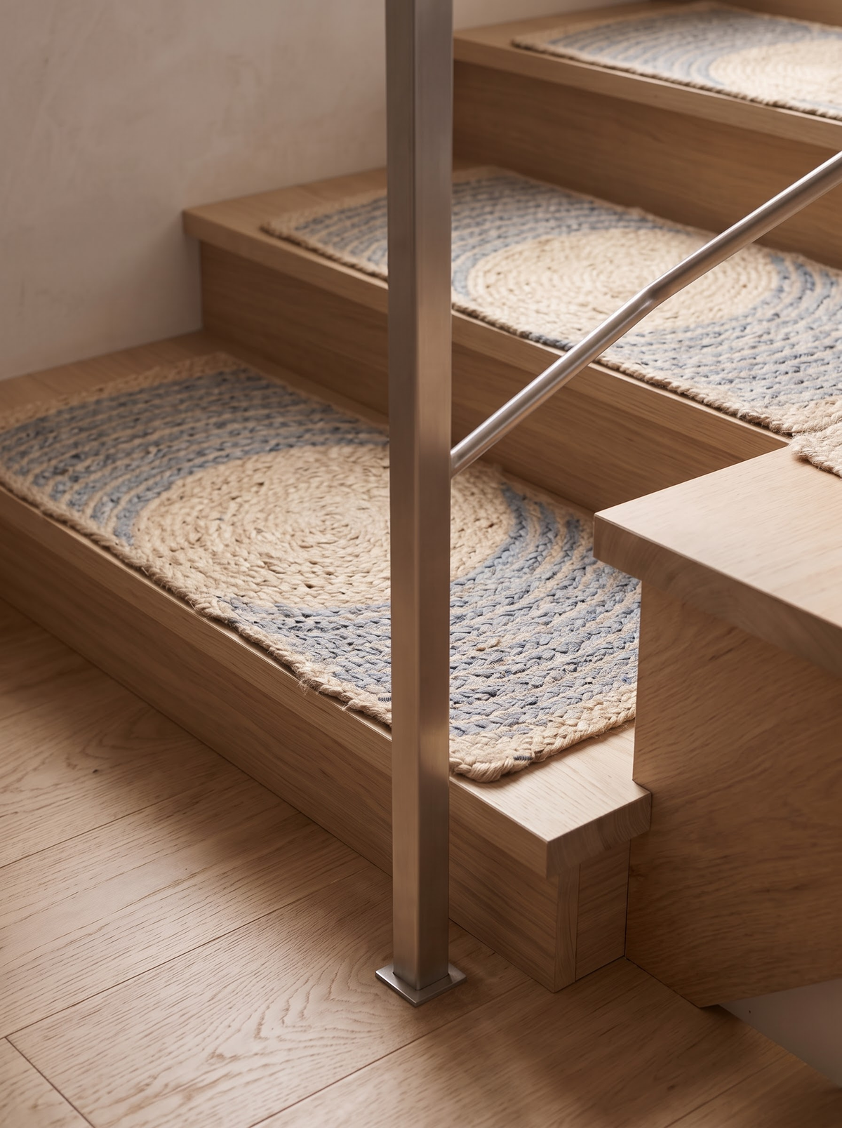 Handmade Jute & Cotton Stair Treads, Moon Halo Design, Blue Mist Japandi Step Mats