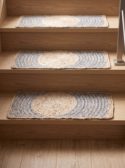 Handmade Jute & Cotton Stair Treads, Moon Halo Design, Blue Mist Japandi Step Mats