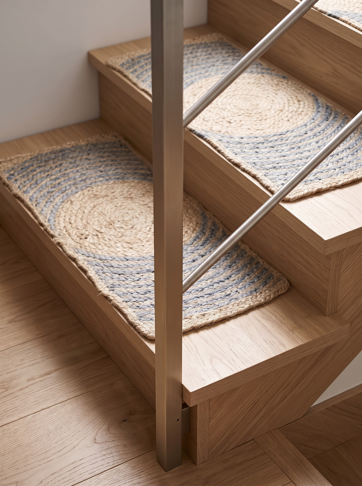 Handmade Jute & Cotton Stair Treads, Moon Halo Design, Blue Mist Japandi Step Mats