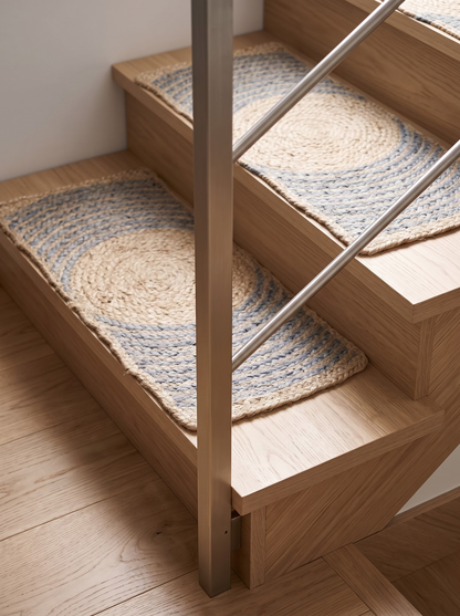 Handmade Jute & Cotton Stair Treads, Moon Halo Design, Blue Mist Japandi Step Mats