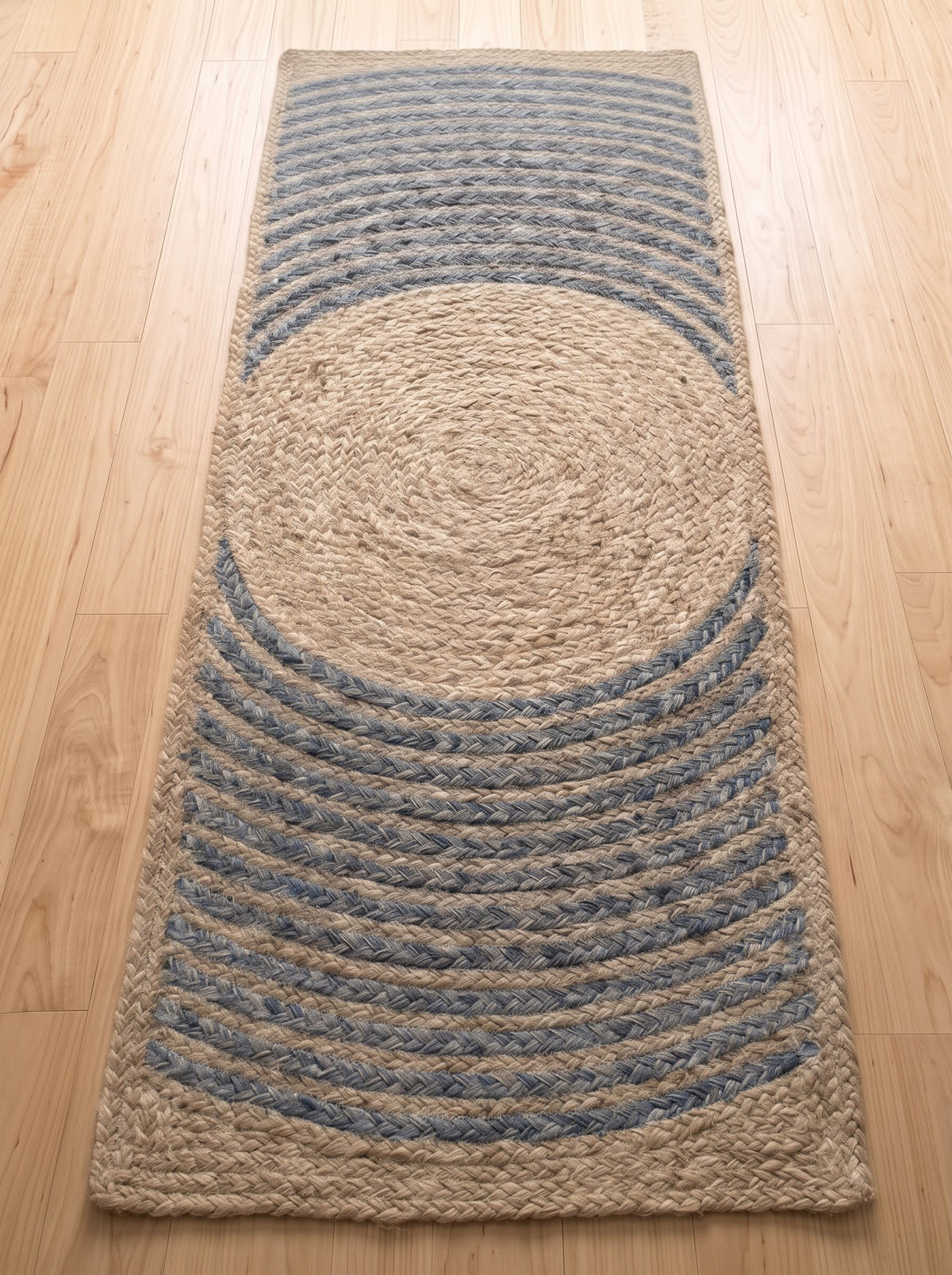Handmade Jute & Cotton Stair Treads, Moon Halo Design, Blue Mist Japandi Step Mats