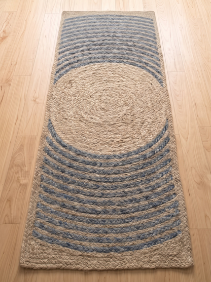 Handmade Jute & Cotton Stair Treads, Moon Halo Design, Blue Mist Japandi Step Mats