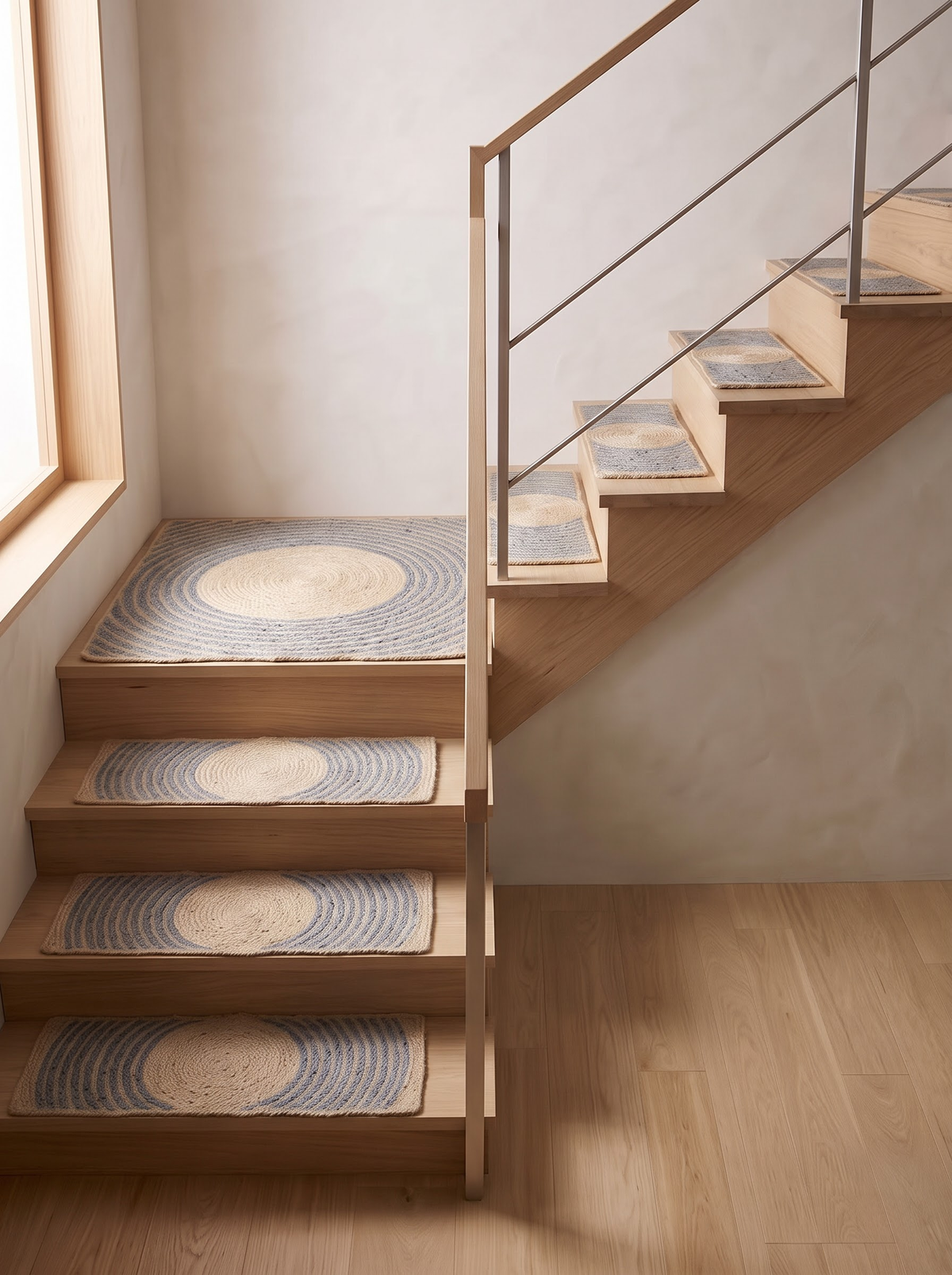 Handmade Jute & Cotton Stair Treads, Moon Halo Design, Blue Mist Japandi Step Mats
