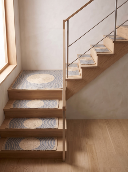 Handmade Jute & Cotton Stair Treads, Moon Halo Design, Blue Mist Japandi Step Mats