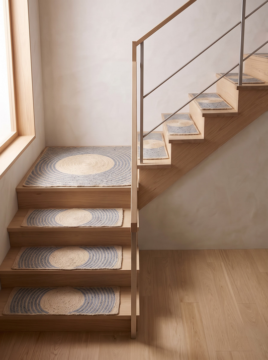 Handmade Jute & Cotton Stair Treads, Moon Halo Design, Blue Mist Japandi Step Mats