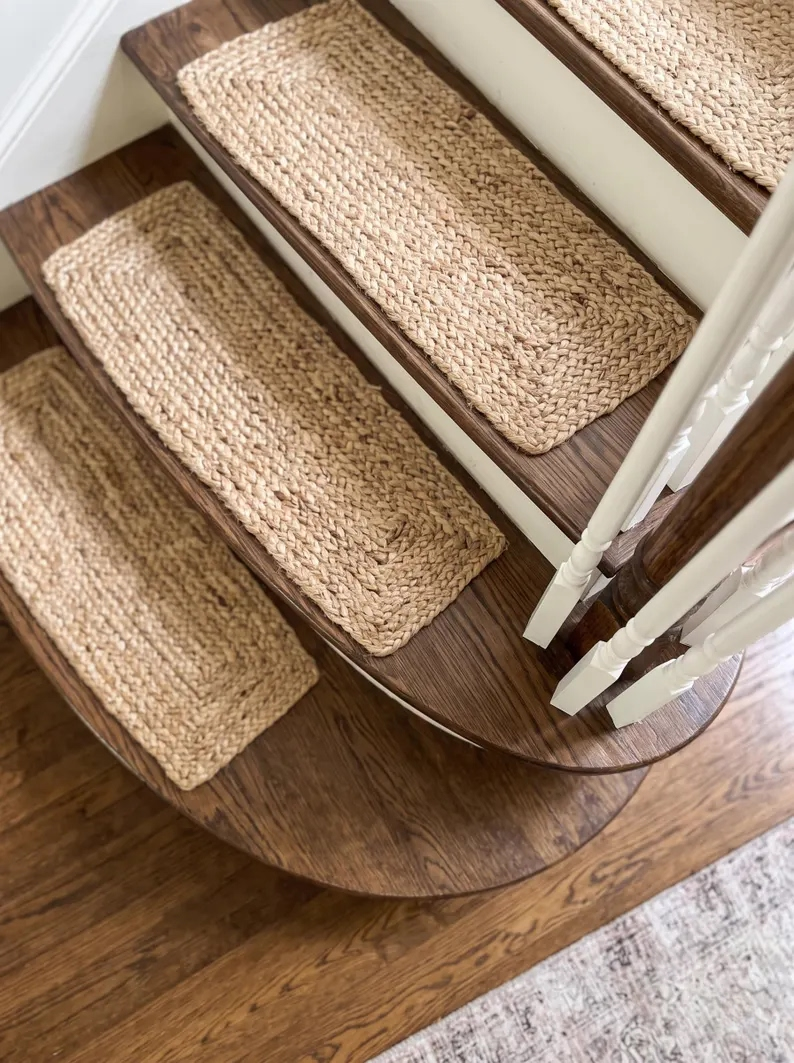 Natural Beige Jute Stair Treads Set, Braided Farmhouse & Coastal Staircase Mats